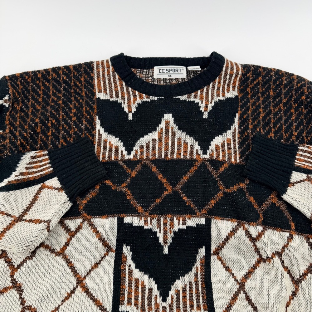 CC Sport Vintage Geometric Abstract Knit Sweater 90s‎ Grandpacore XL Black Brown